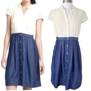 HD In Paris Anthropologie Lace Chambray Button Front Cap Sleeve Dress